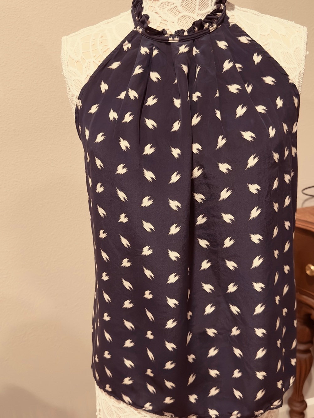 Silk Cynthia Rowley Navy Halter Tank with Cream Print luxury
